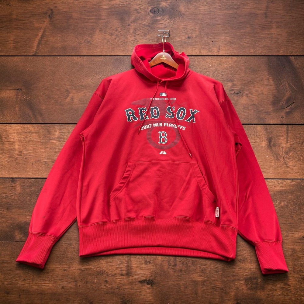 Majestic Boston Red Sox 2007 MLB Playoffs Hoodie Mens L Red Therma Base